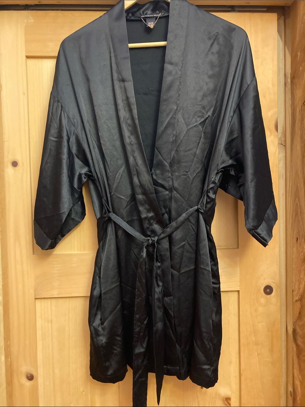 Victoria's Secret Black Satin Robe with Gold Chain Accent